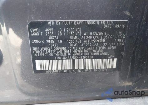 2017 Subaru Outback 2.5I Limited z USA, uszkodzony, nr VIN 4S4BSANC4H3265408